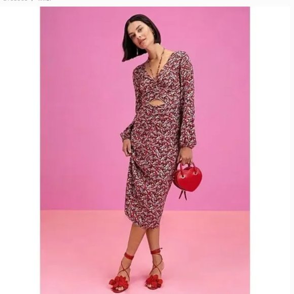 NWT Sanctuary  Floral Print Chiffon  Long Sleeve Front Cut-Out Midi Dress - Picture 1 of 7